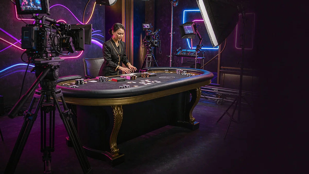 Camera and studio lighting facing a casino table — pkr50 guidance Camera and studio lighting facing a casino table